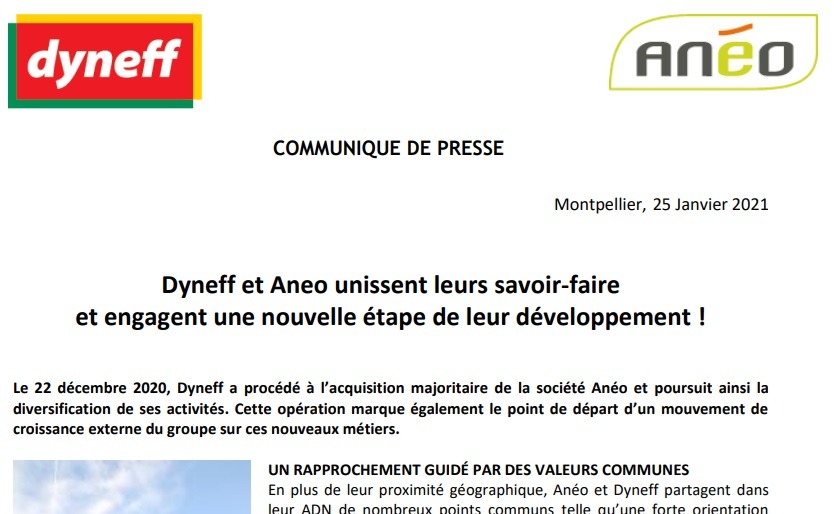 Dyneff et Aneo unissent leurs savoir-faire et engagent une nouvelle étape de leur développement ! - Dyneff