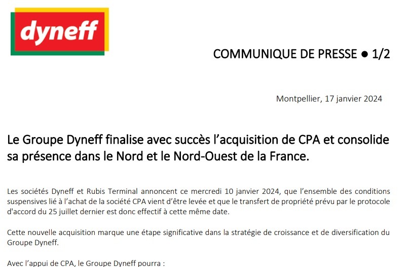 Le Groupe Dyneff finalise avec succès l’acquisition de CPA et consolide sa présence dans le Nord et le Nord-Ouest de la France. - Dyneff