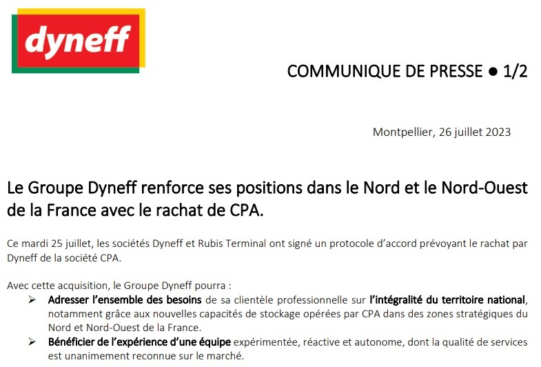Le Groupe Dyneff renforce ses positions dans le Nord et le Nord-Ouest de la France avec le rachat de CPA. - Dyneff