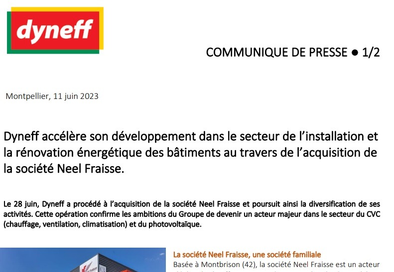 Dyneff accélère son développement dans le secteur de l’installation et la rénovation énergétique des bâtiments au travers de l’acquisition de la société Neel Fraisse. - Dyneff