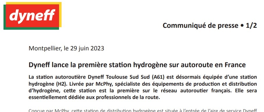 Dyneff lance la première station hydrogène sur autoroute en France - Dyneff